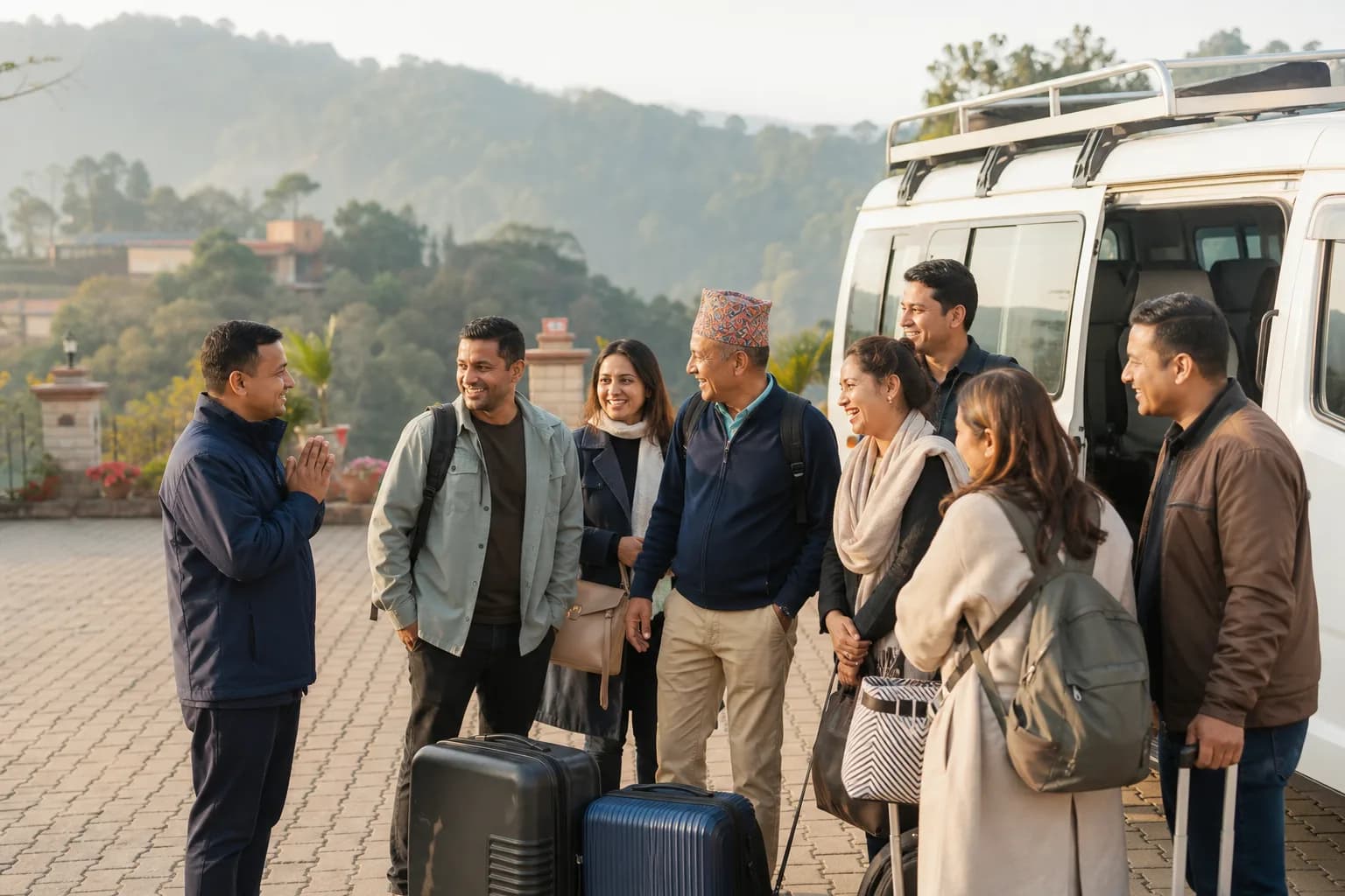 Travelers being welcomed beside their vehicle before departure